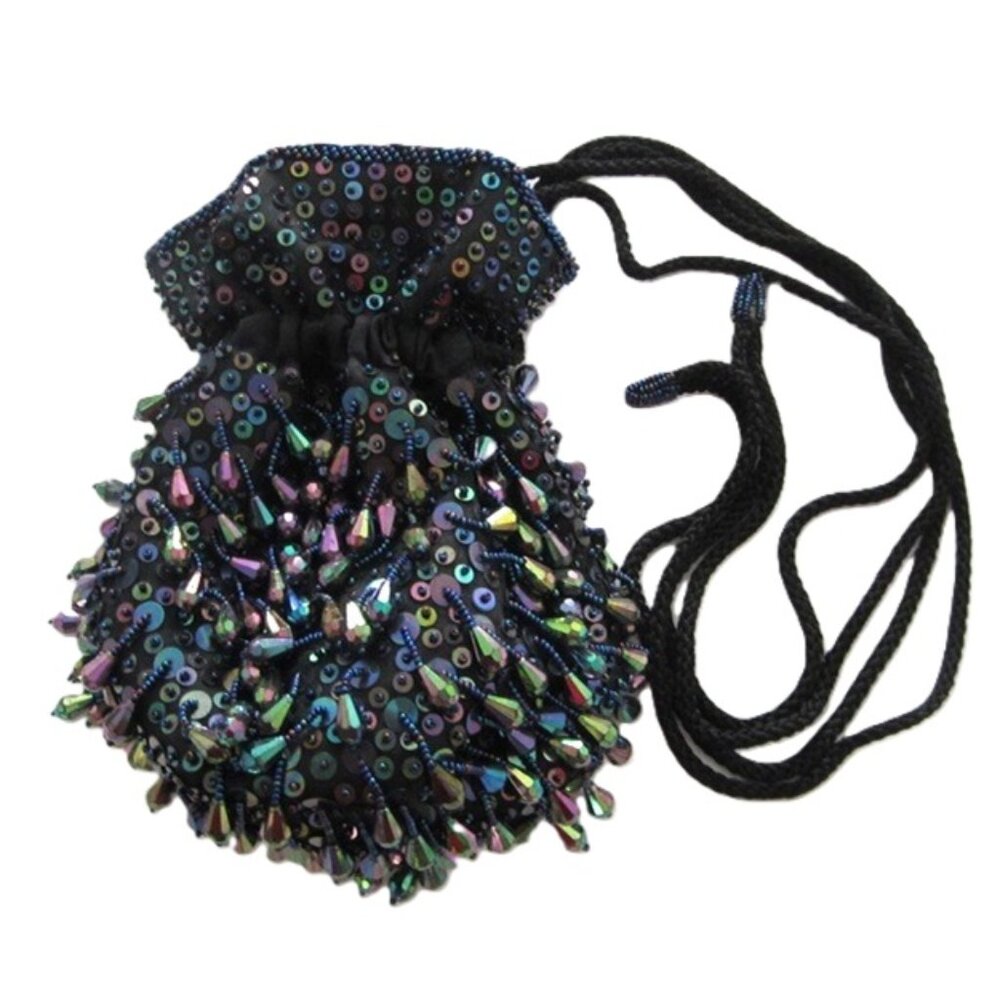 Beaded Drawstring Pouch Evening Formal Bag Navy